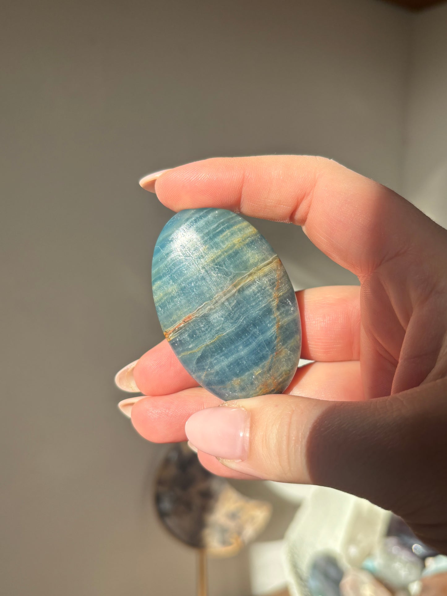Blue Onyx/ Aquatine Lemurian Calcite Palmstone