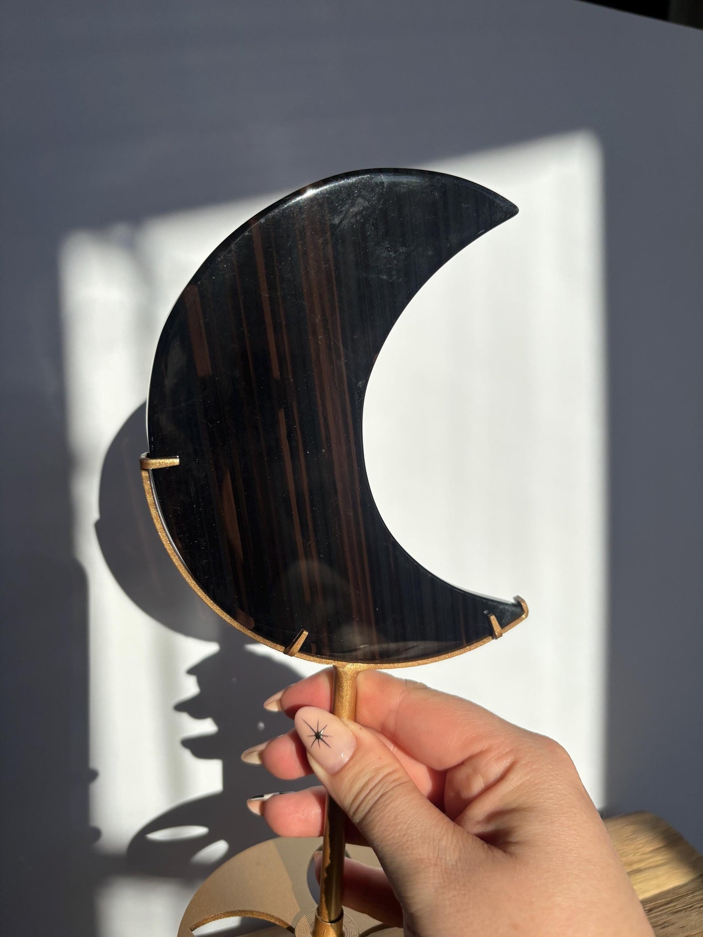 Midnight Lace Obsidian Moon with stand | Crystal Carvings | Statement Crystal