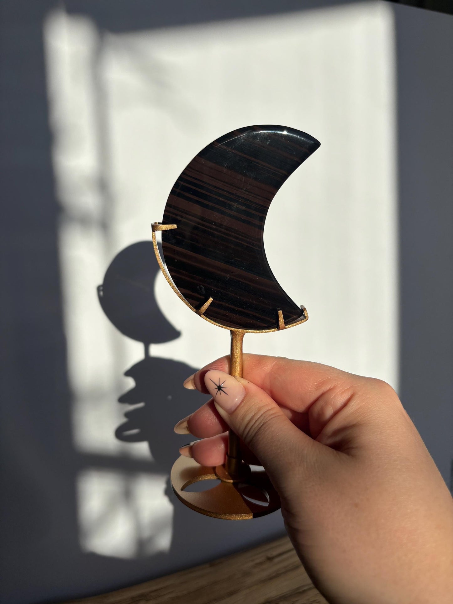 Midnight Lace Obsidian Moon with stand | Crystal Carvings | Statement Crystal