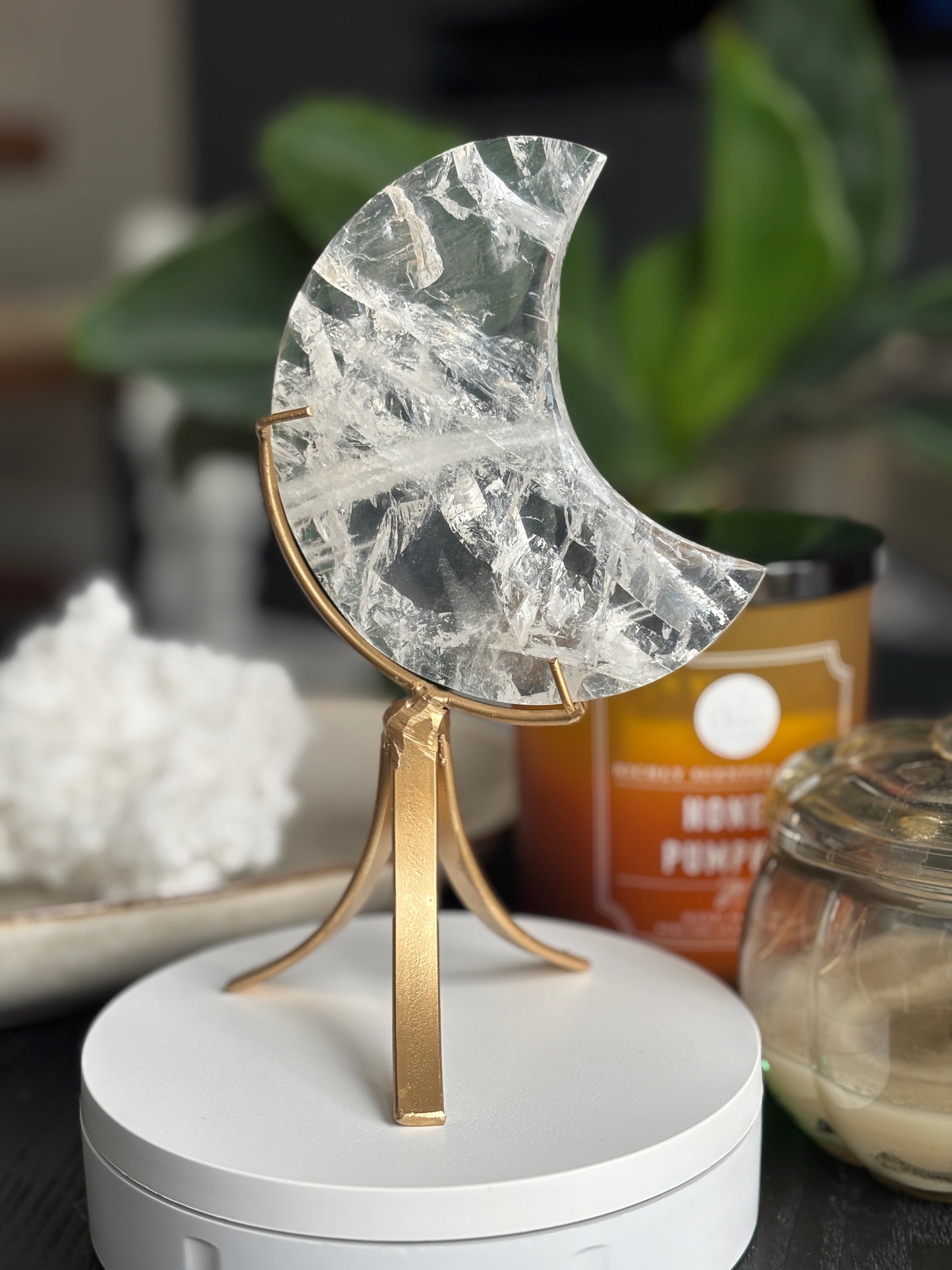 Clear Quartz Moon with Custom Stand