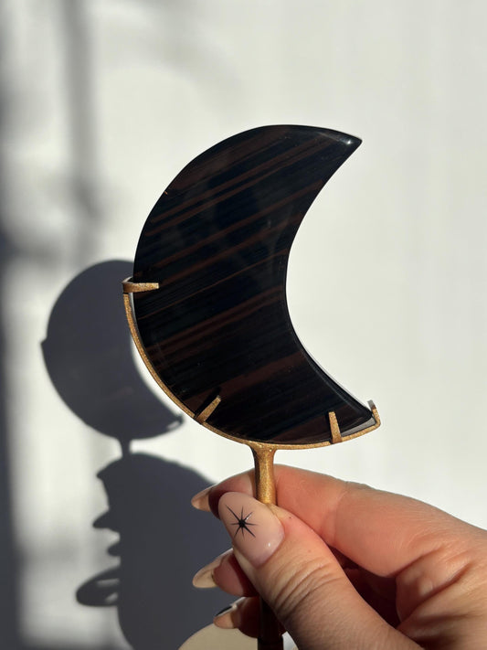 Midnight Lace Obsidian Moon with stand | Crystal Carvings | Statement Crystal
