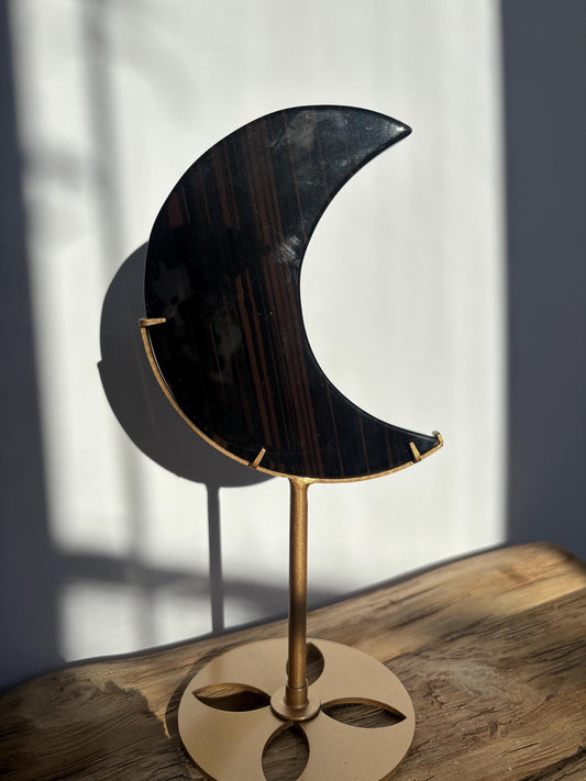 Midnight Lace Obsidian Moon with stand | Crystal Carvings | Statement Crystal