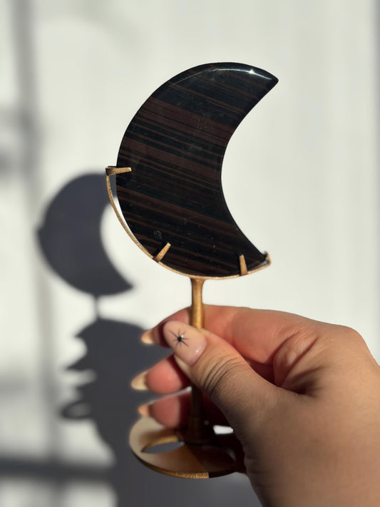 Midnight Lace Obsidian Moon with stand | Crystal Carvings | Statement Crystal
